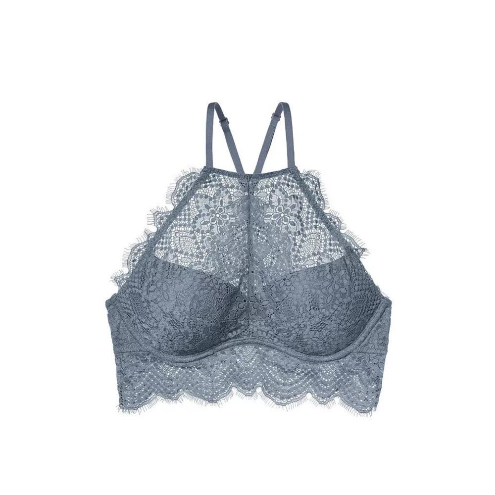 PINK Victoria’s Secret Eyelash Lace High Neck Racerback Push Up Bralette Blue - Picture 3 of 16
